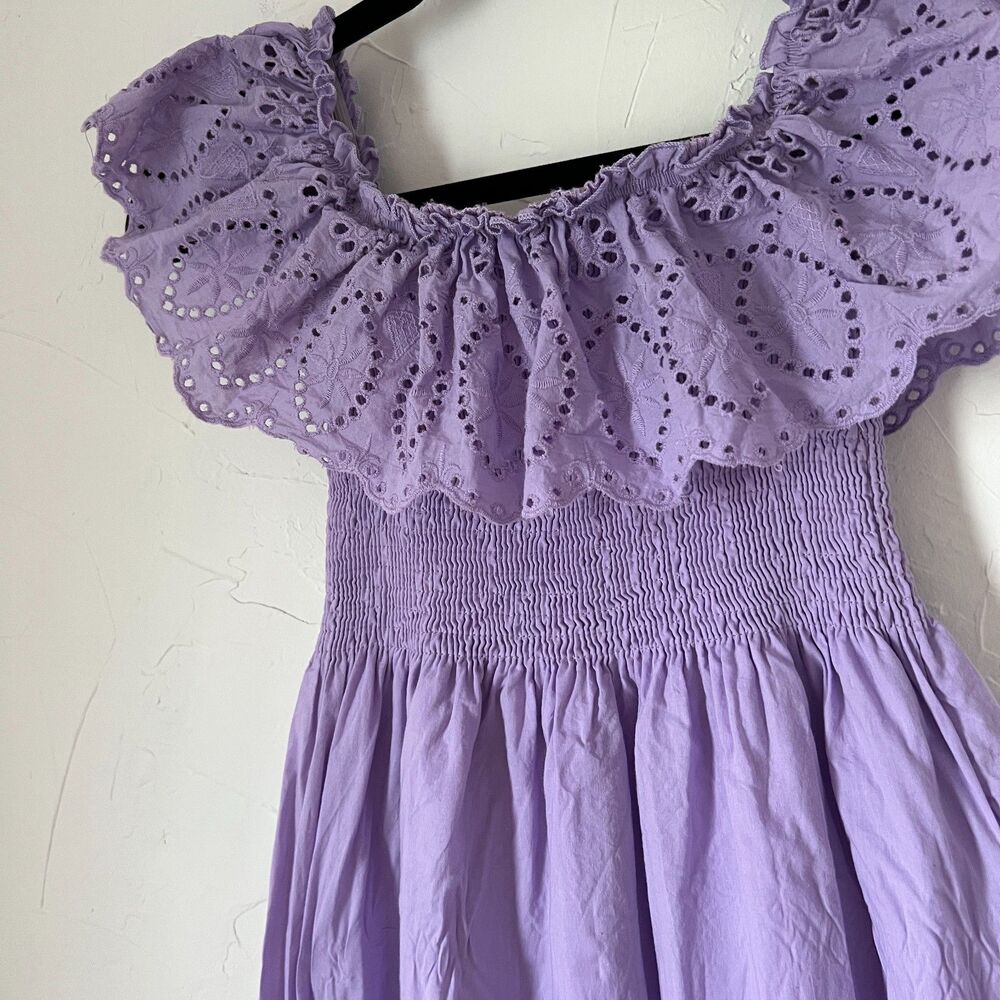 Urban Outfitters Fairy Lavender Eyelet Smocked Midi Dress Off Shoulder Size XS - Picture 5 of 8